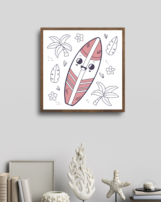 Cadre avec décor tropical mettant en avant une planche de surf joyeuse