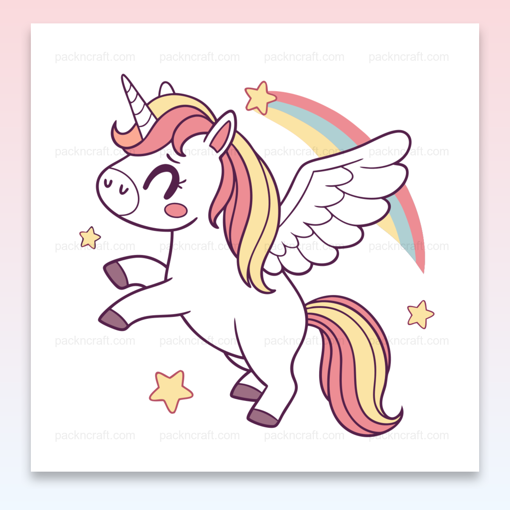 Illustration vectorielle d'une licorne ailée joyeuse en style cartoon pastel. Usage DIY et déco magique.