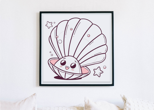 Cadre décoratif avec coquillage kawaii souriant dans un thème marin sur fond pastel