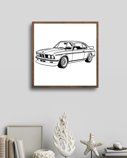 Cadre élégant BMW 3.0 CSL dans un style vintage pour déco intérieure., Mug design BMW 3.0 CSL pour amateurs de voitures classiques., Design automobile BMW 3.0 CSL pour affiches et artworks., T-shirt tendance avec impression BMW 3.0 CSL vintage., Sticker premium BMW 3.0 CSL pour personnaliser vos objets.