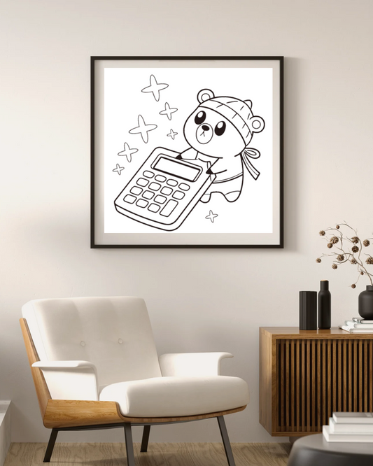 Cadre éducatif avec ours rêveur calculant dans un style épuré et minimaliste