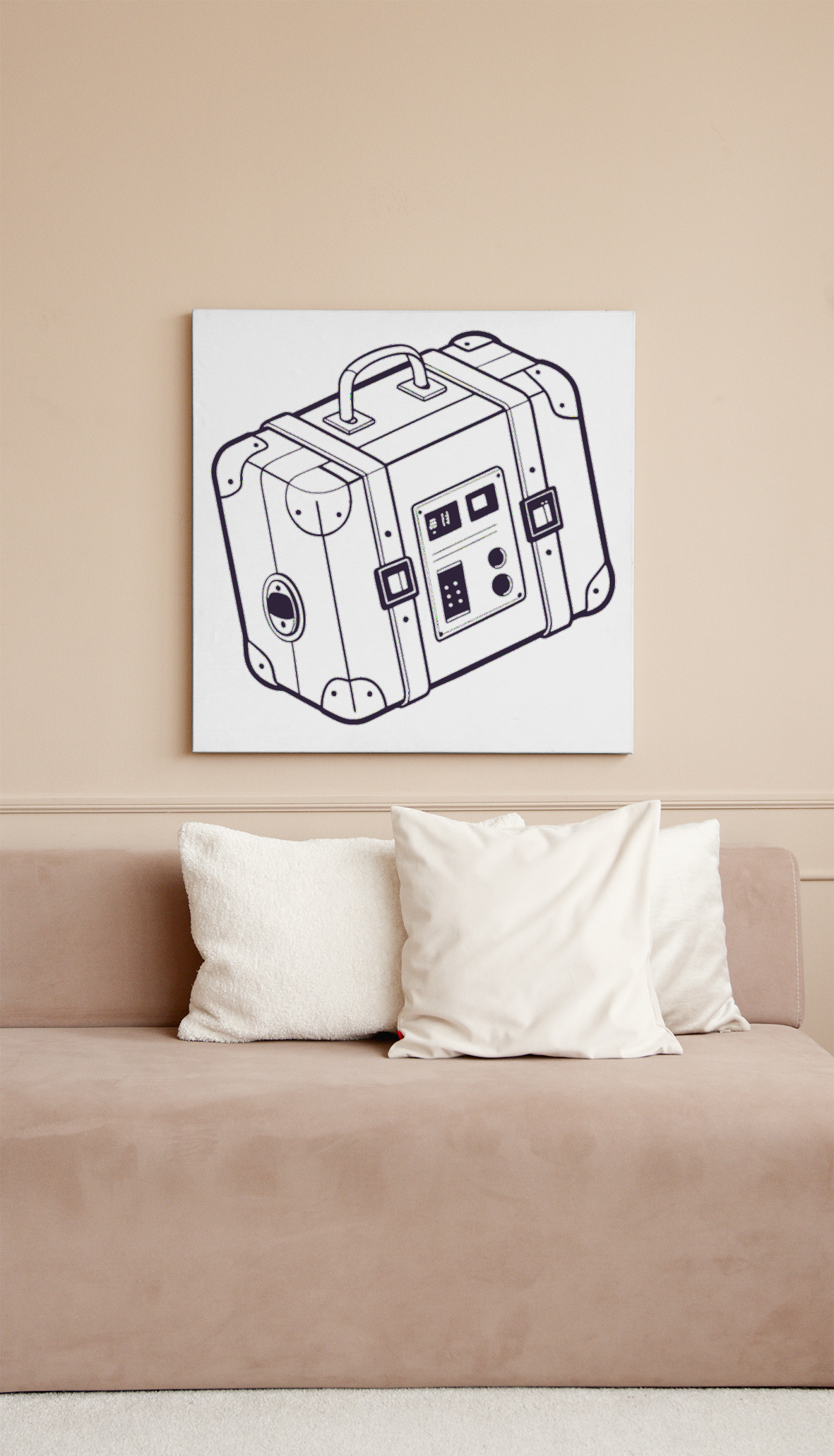 Cadre moderne avec valise rétro futuriste en dessin vectorel style aventure numérique