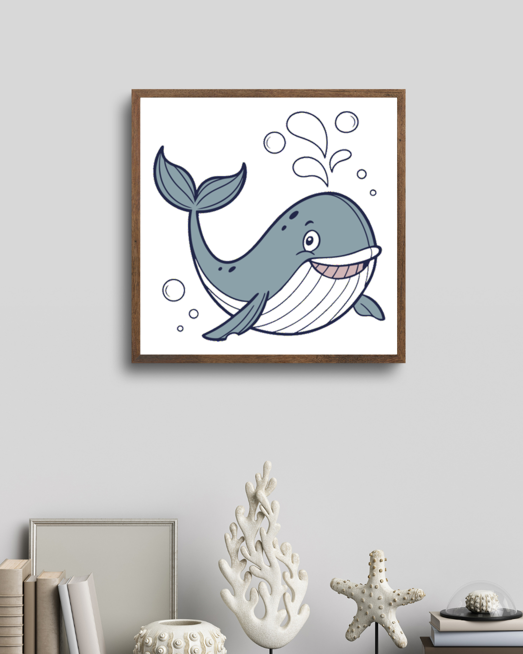 Cadre design avec doodle-vectoriel de baleine joyeuse dans l'océan en bulles