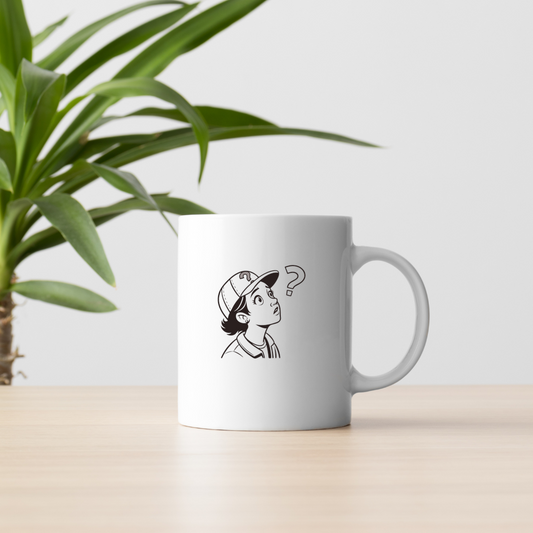 Mug fantaisie avec icône d'enfant curieux au style doodle mystérieux