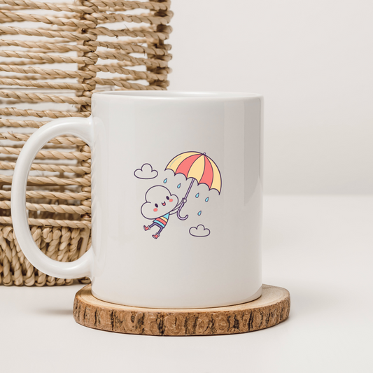 Un mug décoré d'un nuage heureux sous la pluie dans un style enfantin kawaii