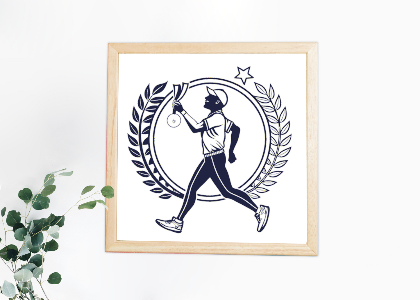 Cadre sportif avec icône coureur triomphant au style classique