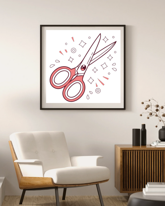 Cadre avec icône de ciseaux étincelants pour décoration papeterie créative