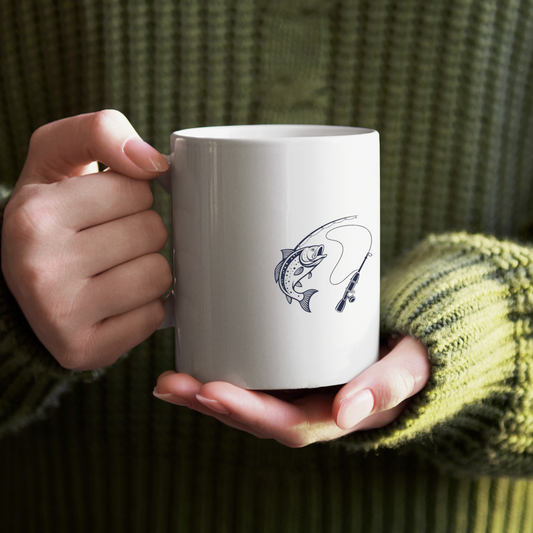 Mug avec une truite sautante et canne à pêche dans un style nostalgique