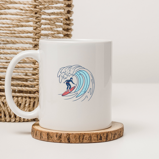 Mug avec design minimaliste représentant une vague stylisée sur le thème de l'océan