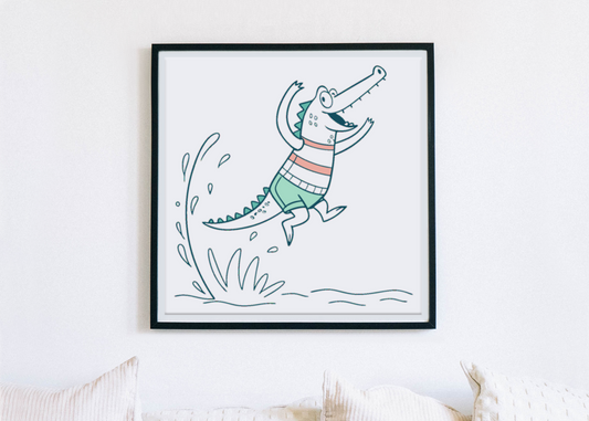 Cadre décoratif avec un crocodile joyeux sur fond aquatique