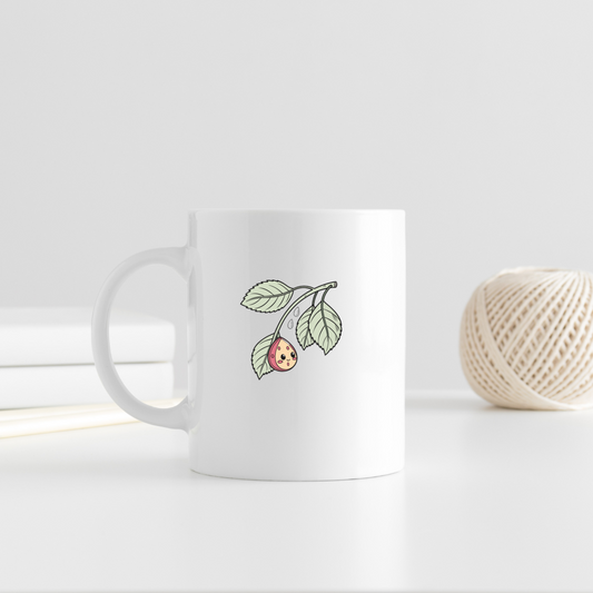 Mug avec motif ludique de goutte souriante et feuille, évoquant la nature joyeuse
