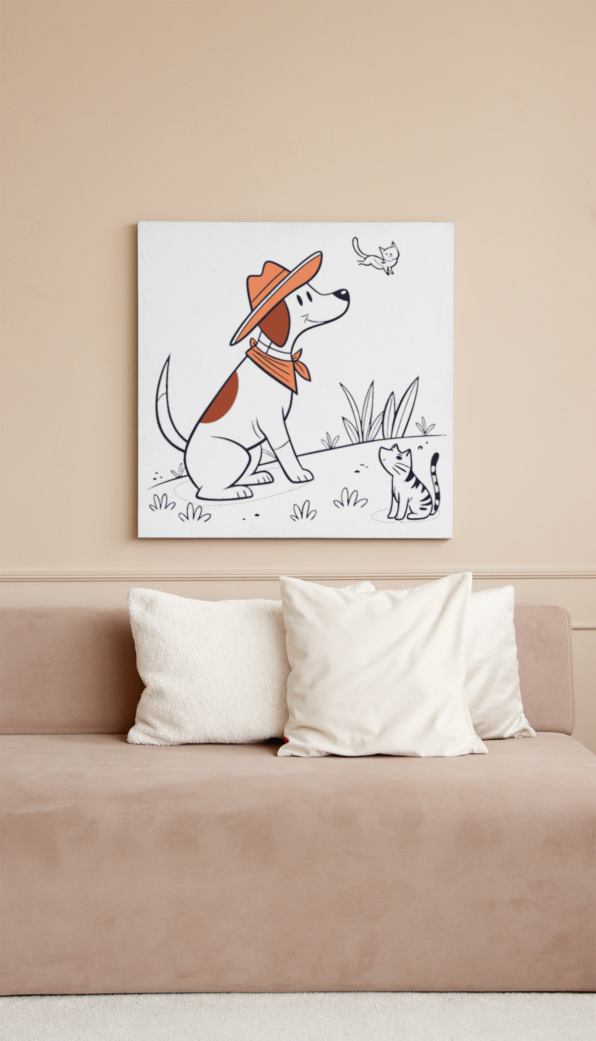 Cadre avec icône de chien cowboy souriant, style dessiné et aventureux