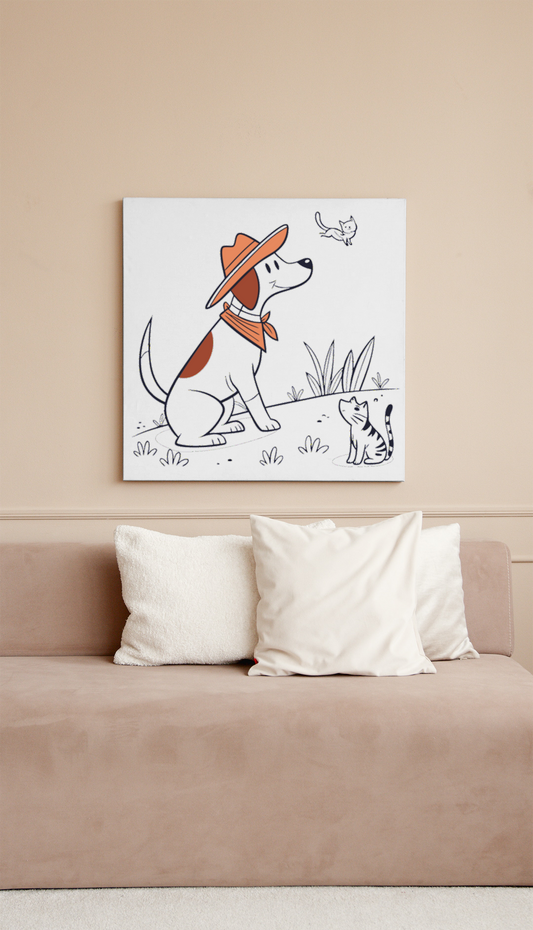 Cadre avec icône de chien cowboy souriant, style dessiné et aventureux