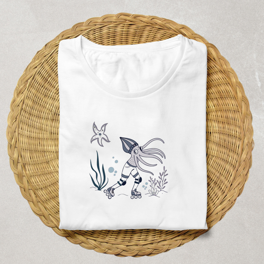 T-shirt avec dessin stylisé d'un calmar sur rollers évoquant une ambiance marine
