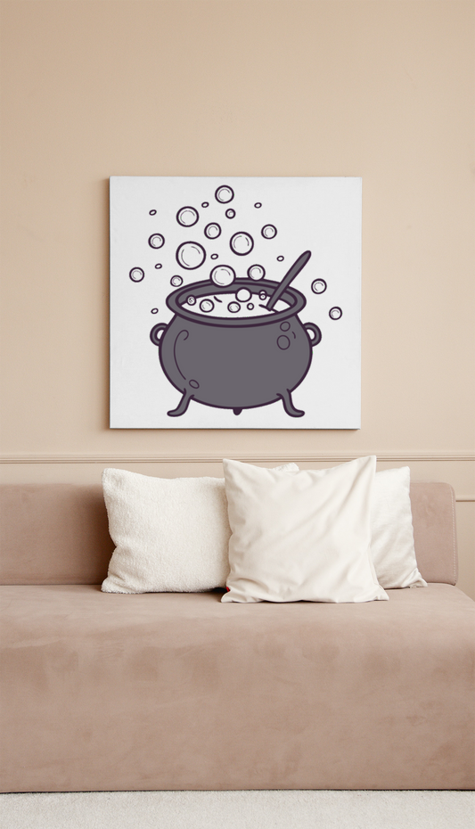 Cadre au design mystique avec un chaudron bouillonnant évoquant Halloween