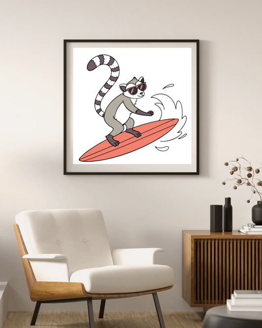 Cadre décoratif avec un lémurien surfeur cartoon et joyeux dans un thème marin