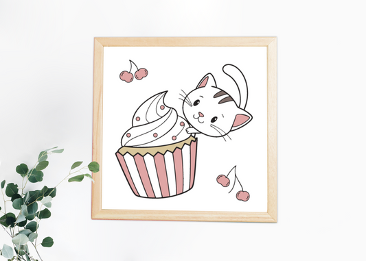 Cadre décoratif avec chat espiègle dévorant un cupcake adorable et coloré