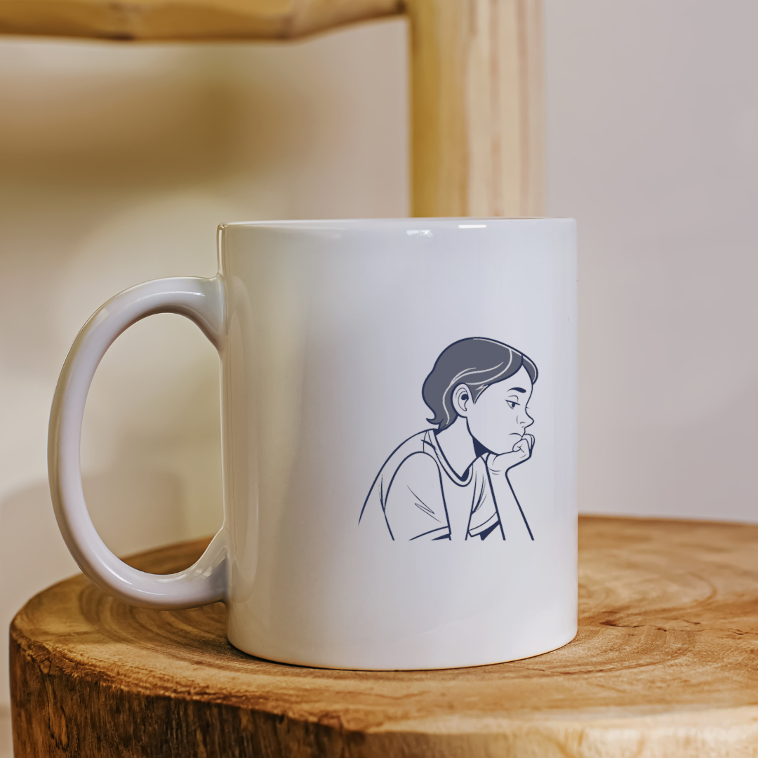 Mug avec motif d'enfant rêvant, ambiance paisible pour un moment de réflexion