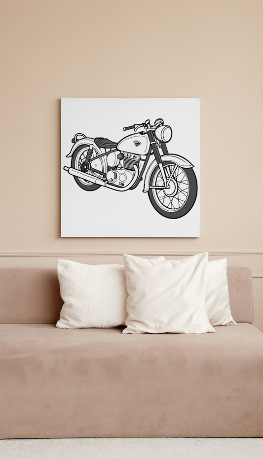 Dessin vectoriel de moto vintage Norton Dominator 1952 sur cadre, idéal pour déco murale