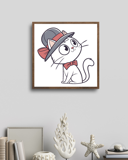 Cadre élégant avec chat curieux en style cartoon portant un chapeau