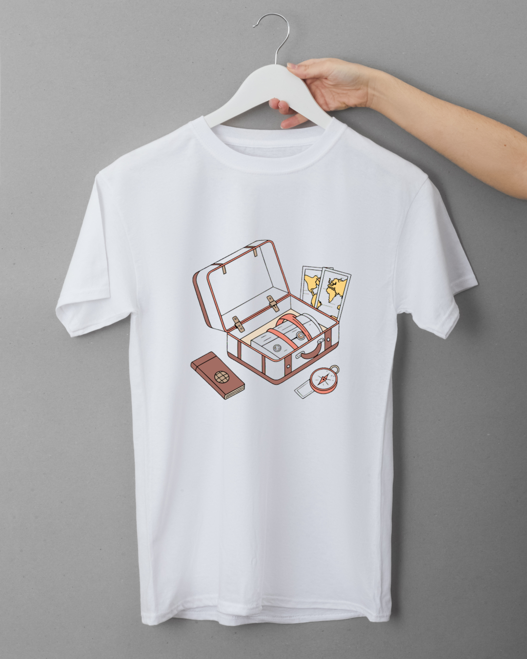 T-shirt avec une valise en flat design évoquant le voyage et l'exploration