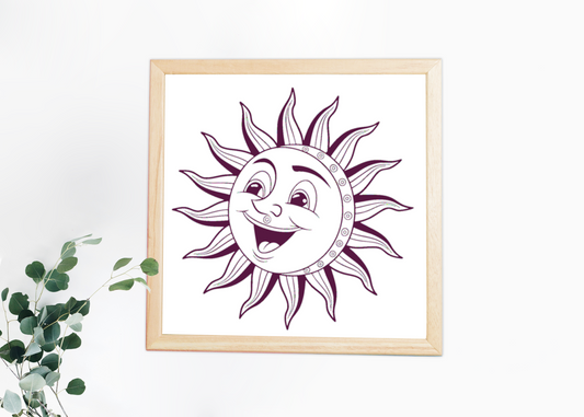 Cadre décoratif avec icône de soleil souriant dans un style doodle enjoué