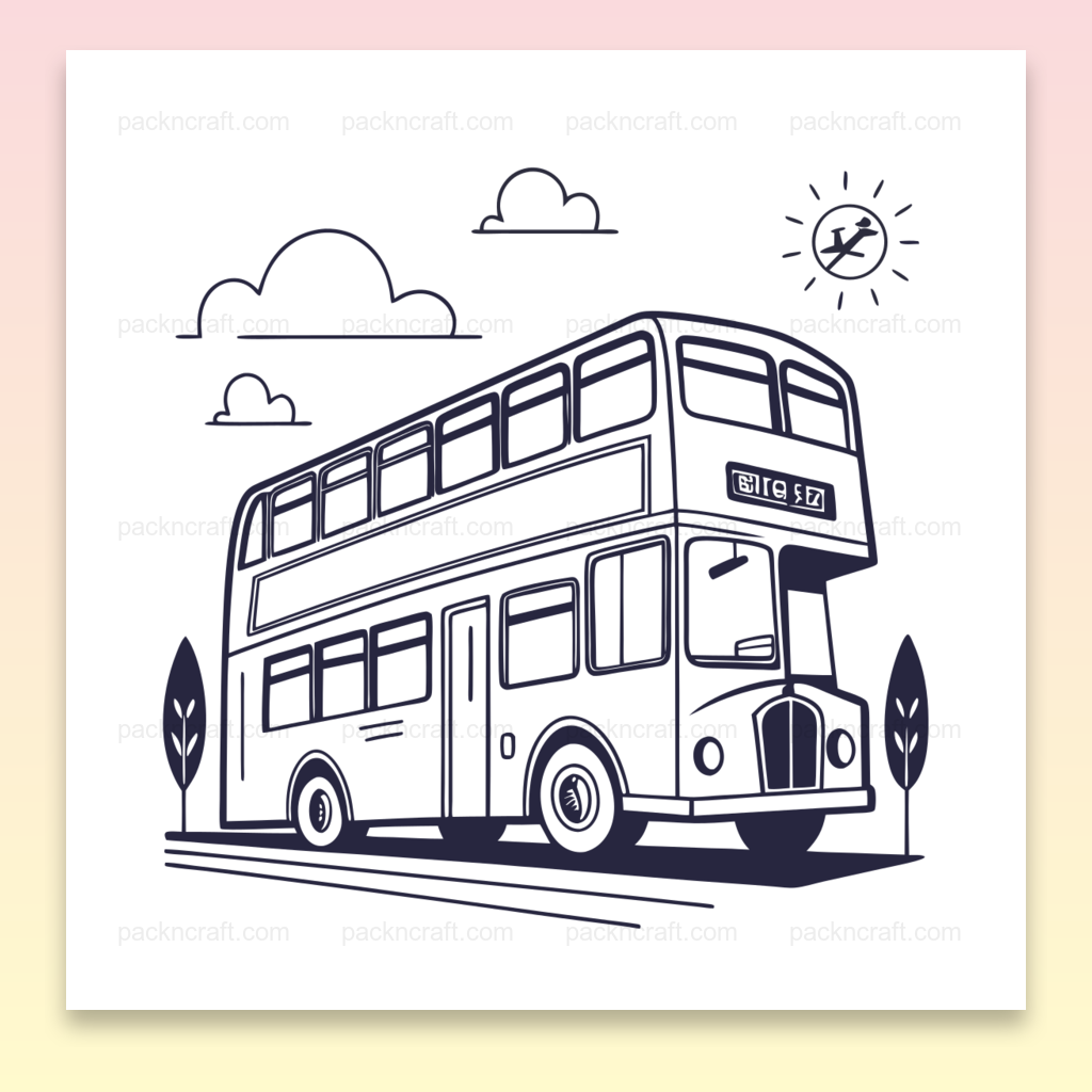 Illustration de bus à impériale vintage en style monochrome pour projets créatifs et décoratifs.