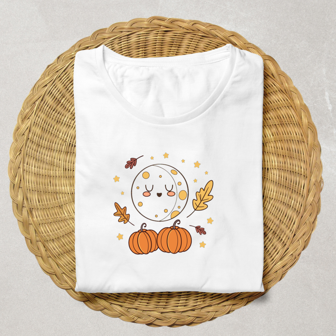 T-shirt automne avec lune kawaii et citrouilles motifs doux et enchanteurs