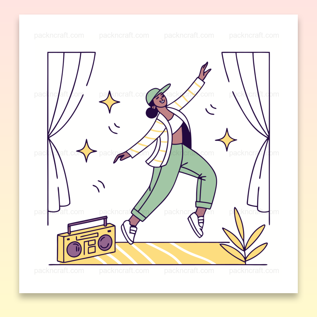 Illustration de danseur dynamique sur scène avec boombox, Imprimé de danseur sur t-shirt avec style urbain, Cadre artistique avec danseur et ambiance musicale, Tasse décorative avec illustration de danse moderne, Sticker vibrant de danseur pour personnalisation
