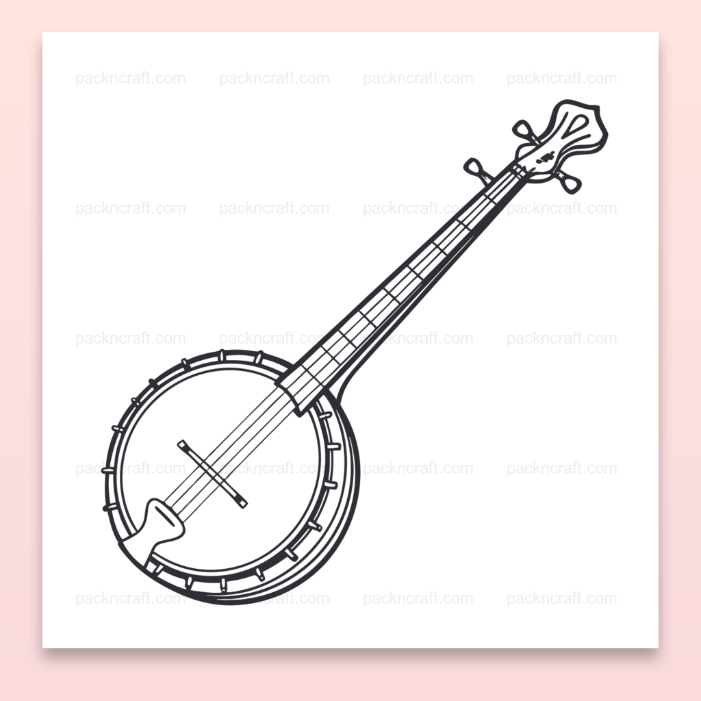 Illustration numérique de banjo minimaliste en SVG pour projets créatifs et déco.
