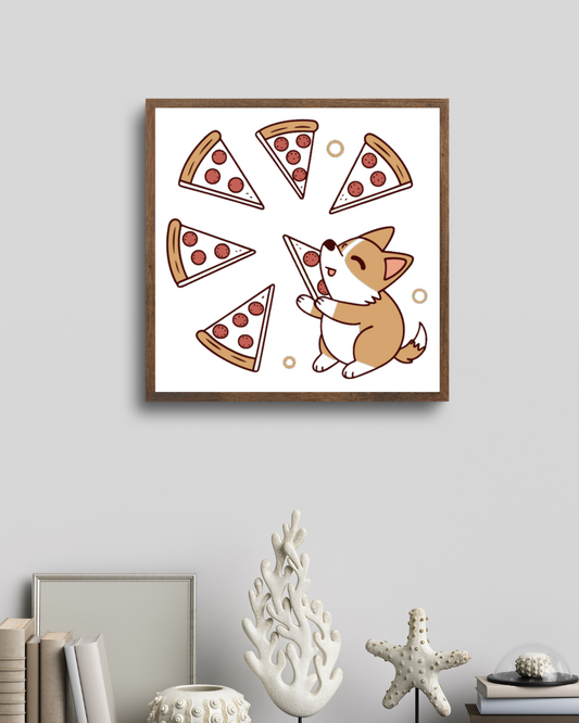 Cadre avec un chien joyeux et une pizza dans un style illustration gourmand
