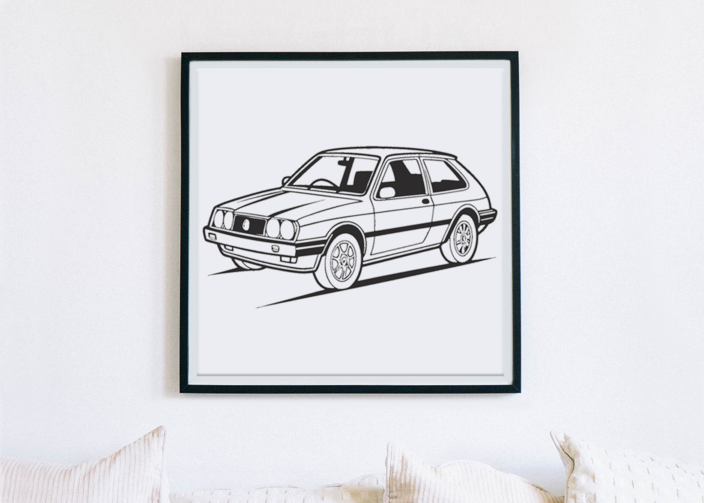 Cadre décoratif avec illustration vintage de voiture de rallye.