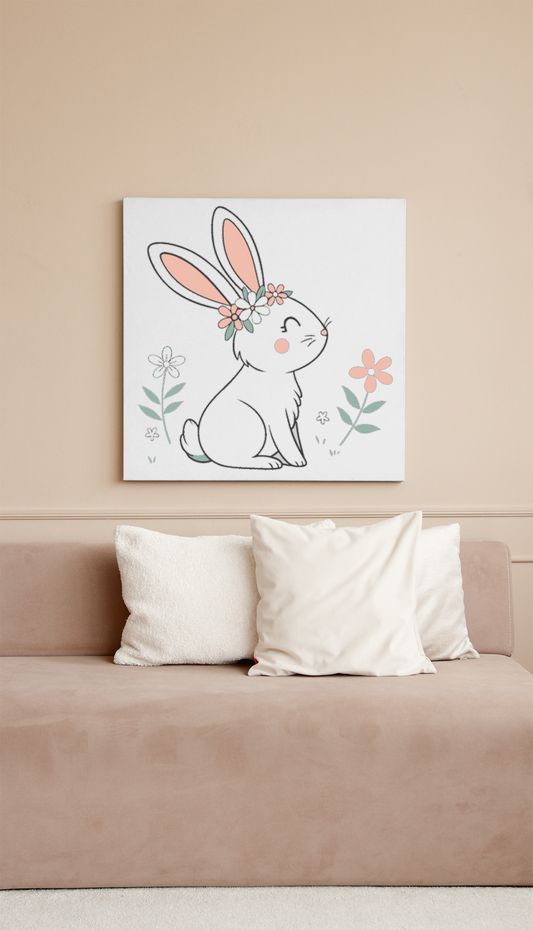 Cadre au style pastel avec un lapin décoratif, ambiance printanière bucolique