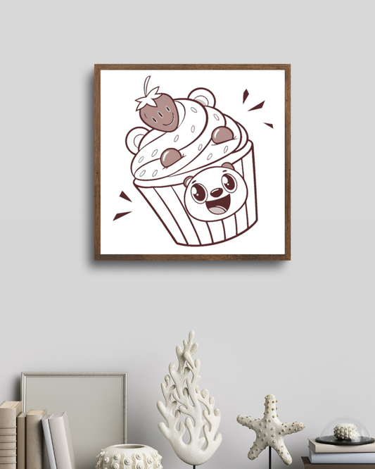 Cadre décoratif enfantin avec un panda joyeux sur un cupcake gourmand stylisé