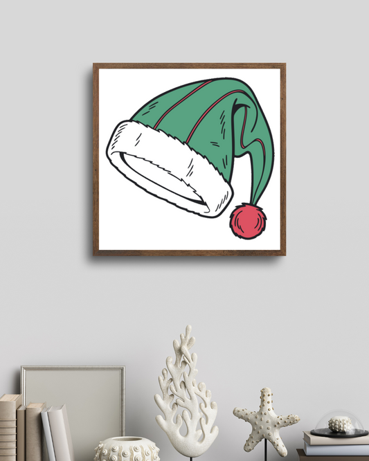 Cadre festif avec chapeau de Noël coloré, parfait pour une déco joyeuse et unique