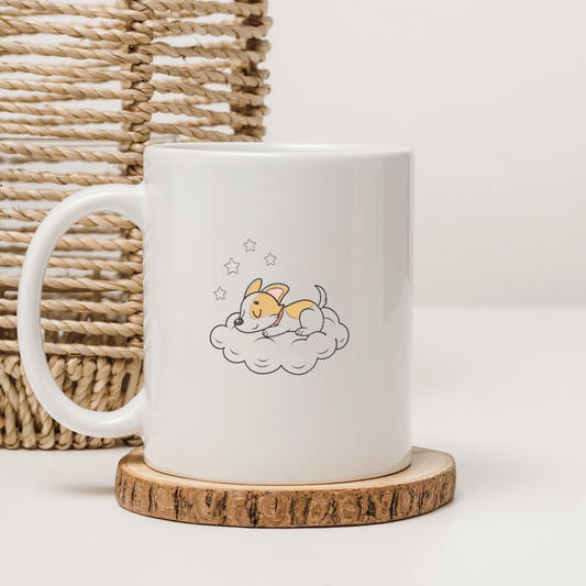 Mug décoré d'un chiot endormi sur un nuage aux teintes pastel pour un style adorable