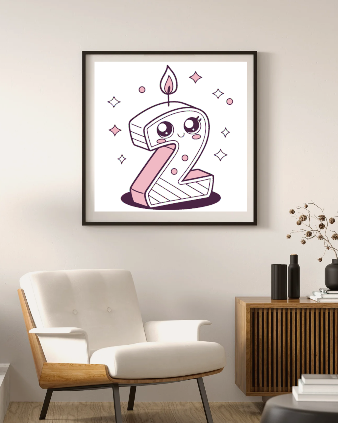 Cadre décoratif avec bougie kawaii, parfait pour égayer un espace de vie.