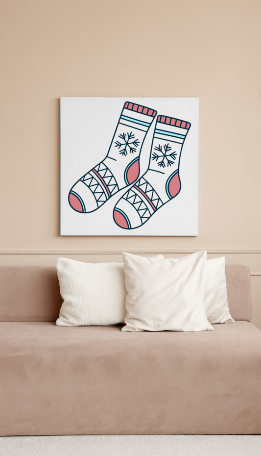 Cadre affichant des chaussettes d'hiver stylisées avec flocons ambiance festive