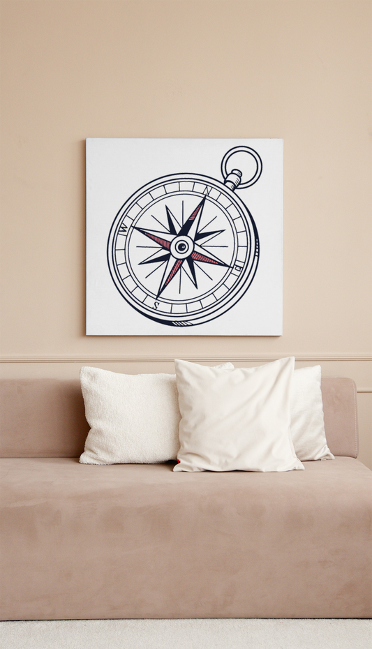 Cadre affichant une boussole rétro en quête, style aventure vintage, décoration murale