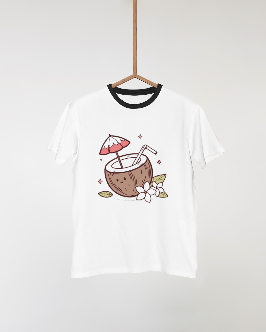T-shirt avec noix de coco kawaii, ambiance tropicale, idéal pour un style décontracté