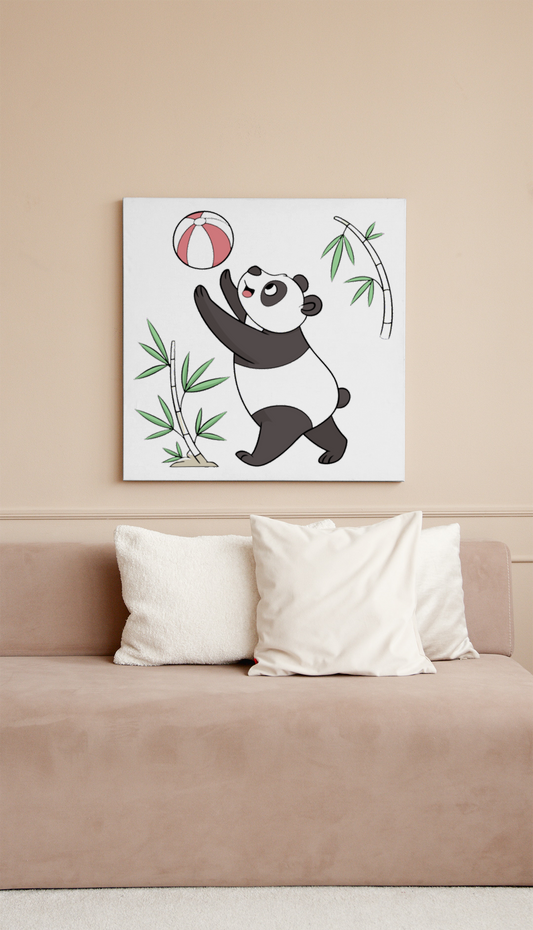 Cadre décoratif avec adorable panda kawaii jouant avec une balle dans un style nature