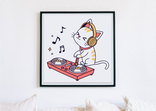 Cadre festif avec un chat DJ mixant, idéal pour une décoration sonore vibrante