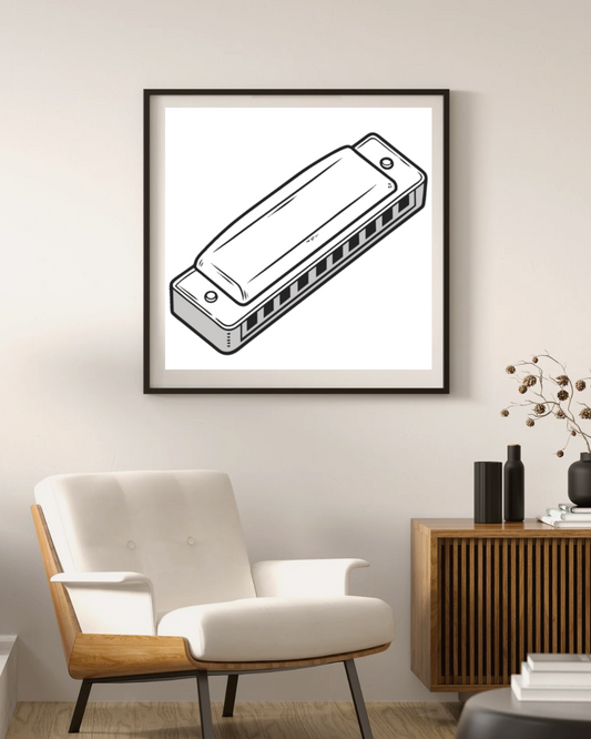 Cadre avec icône d'harmonica stylisée au thème musical dans un esprit doodle