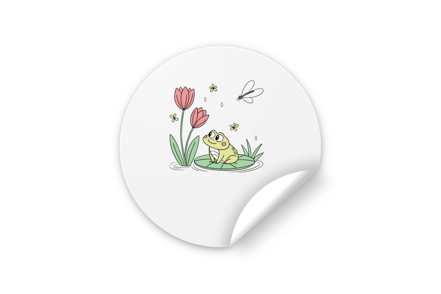 Sticker illustrant une grenouille joyeuse sur un nénuphar aux couleurs pastel
