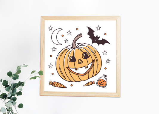 Cadre élégant avec citrouille joyeuse et chauve-souris stylisées pour Halloween