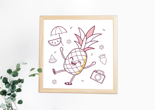 Cadre avec un ananas cartoon en voyage estival, élément joyeux et coloré