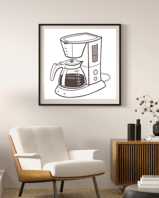 Cadre avec icône cafetière dynamique style doodle ajoutant une touche matinale