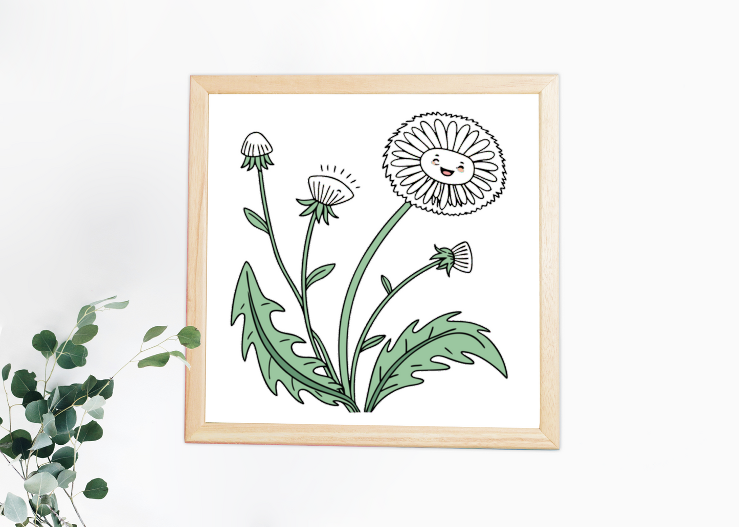 Cadre avec pissenlit doodle style fleuri pour une déco fraîche et printanière