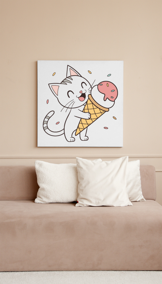 Cadre avec chat joyeux savourant une glace au style kawaii pour les amateurs de déco