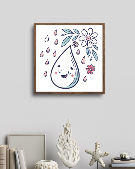 Cadre avec goutte joyeuse pastel sous pluie printanière, ambiance douce et colorée